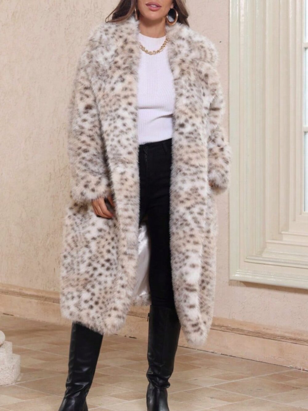 Leopard Print Casual Women's Long Loose Coat With Lapel Collar - Picture 8 of 12